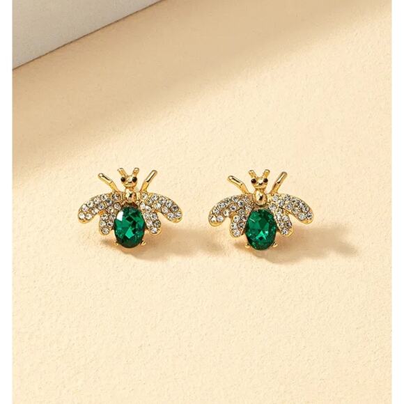 Bumble Bee Emerald Green Studs Gold Tone Earrings Gift Honey Bee Jewelry - Picture 4 of 7
